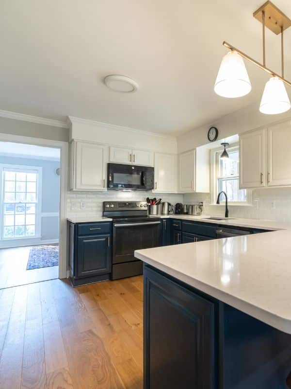 kitchen remodeling contractor in Raleigh and Wake Forest NC. This kitchen remodel has new countertops, cabinets, and lighting.